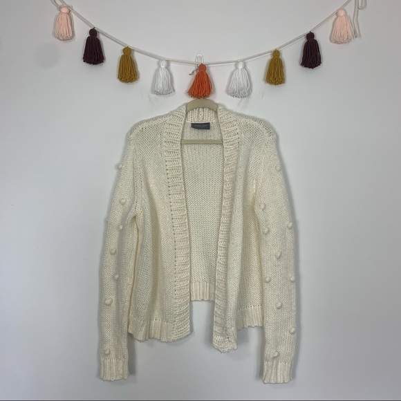 Wooden Ships Pom Pom Sleeve Open Front Cream Cardigan Size Medium - Picture 1 of 10